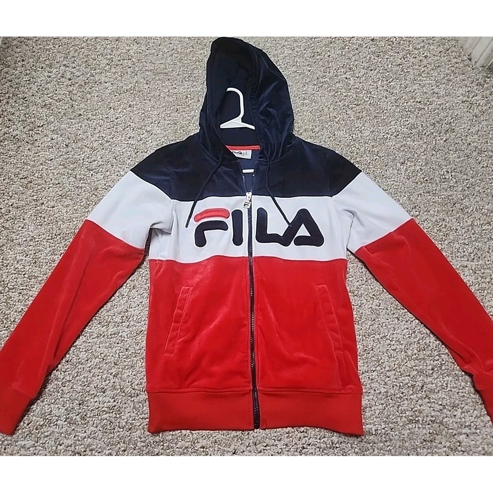 FILA Zip Up Hoodie Jacket Red  White and Blue Size XS with Hood Pockets Velour‎